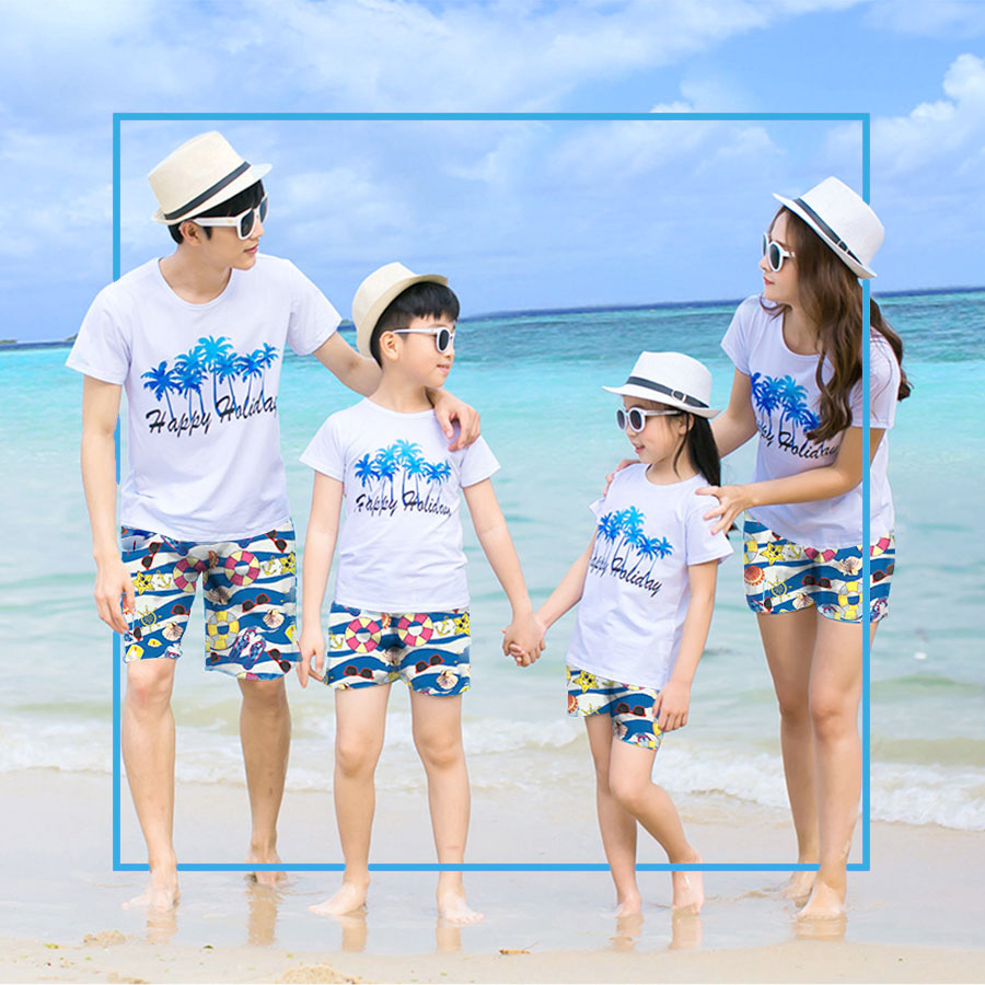 quần áo gia đình đi biển in họa tiết cây dừa