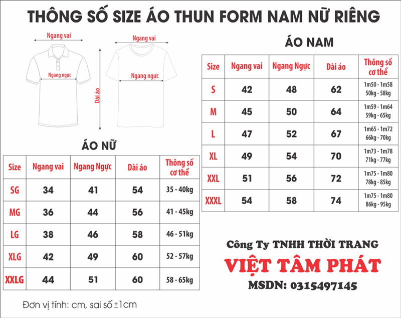 Bảng size áo thun nam nữ