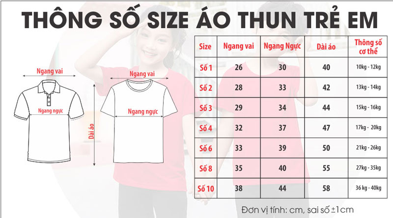 bảng size áo thun trẻ em