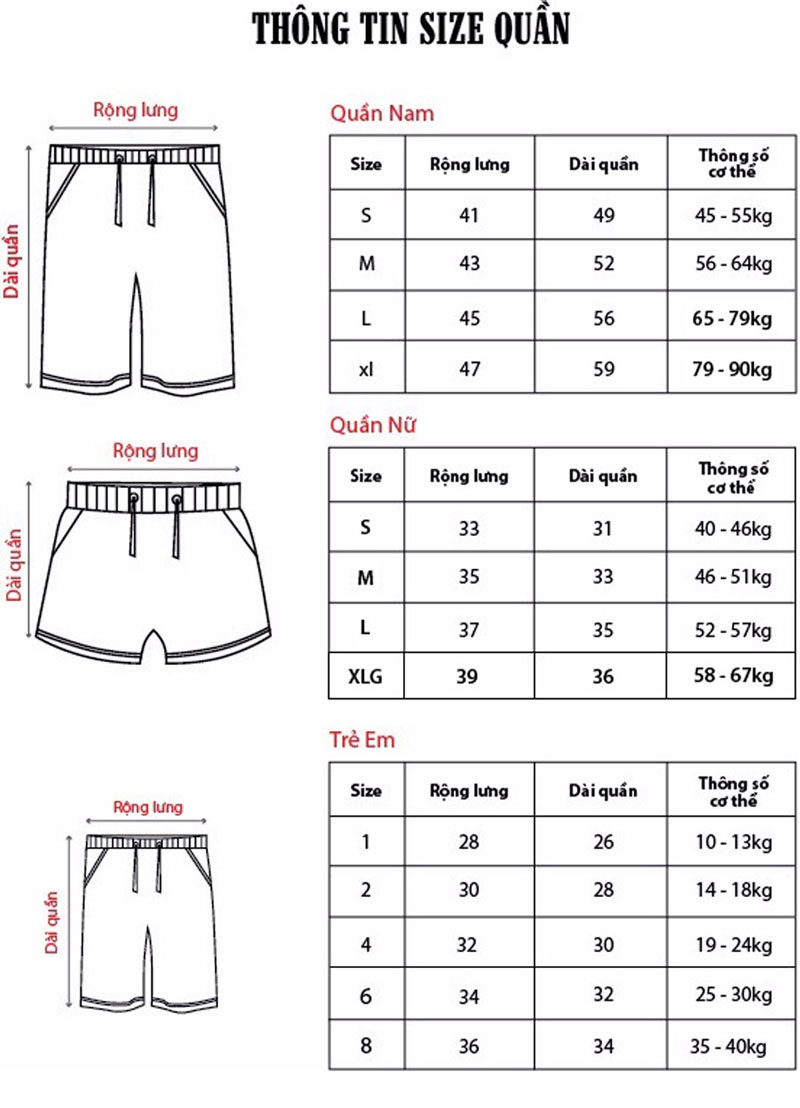 Bảng size quần short