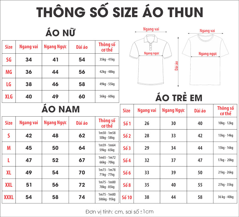 Size áo thun cho người lớn và trẻ em
