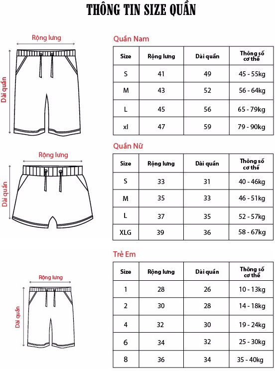 bảng size quần short